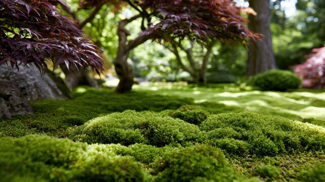 moss lawn design random choice moss lawn design, a serene, shaded garden features plush moss replacing grass, with japanese maple trees casting dappled sunlight rich, velvety texture in focus