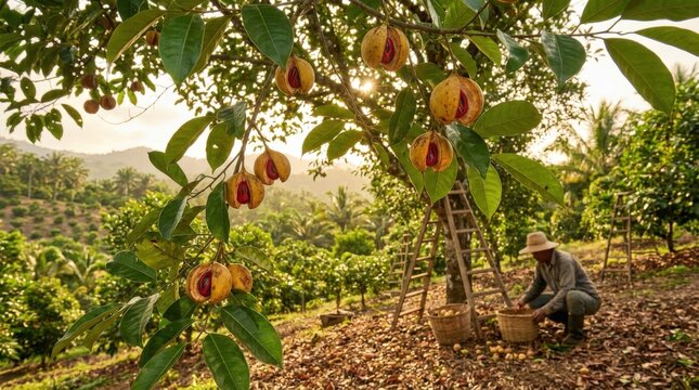 Nutmeg tree with split fruit exposing crimson mace in a lush organic tropical spice orchard, featuring a skilled farmer harvesting aromatic crops during a warm golden hour sunny afternoon.