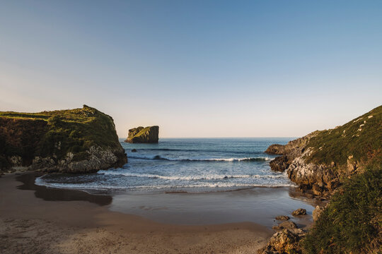 El Portiello beach and San Martin island  in Llanes, Costa Verde, Eastern Coast of Asturias, Spain