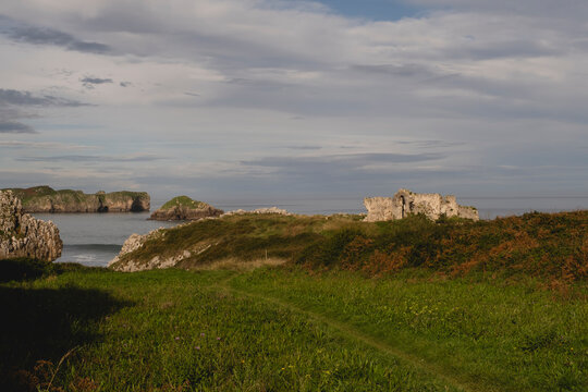 Ruins of "Ermita de San Martin", medieval sanctuary by the Cantabrian Sea in the coastline of Llanes, Asturias