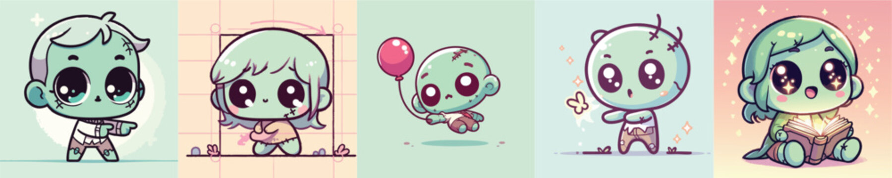 Five cute chibi cartoon characters with large expressive eyes.