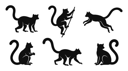 different black lemur silhouettes on a clean white background, minimalist vector style. © Dini