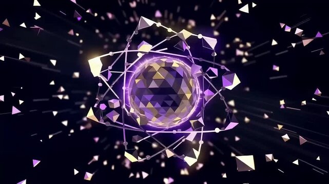 Abstract glowing sphere surrounded by rotating geometric shapes and floating particles creating a dynamic motion sequence in this high quality 4k digital animation perfect for modern scientific and te