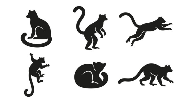 different black lemur silhouettes on a clean white background, minimalist vector style.
