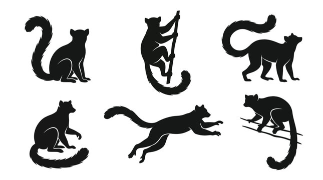different black lemur silhouettes on a clean white background, minimalist vector style.