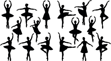 Elegant Ballerina Silhouette Vector Collection Featuring Classical Ballet Dancers in Tutus Performing Professional Stage Poses and Choreography Elements for Art Studio Graphic Designs © DabashChandra