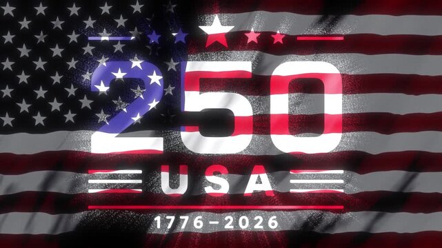 Patriotic anniversary design celebrating 250 years of the USA with a waving American flag, ideal for national holiday campaigns, broadcast graphics, and commemorative content