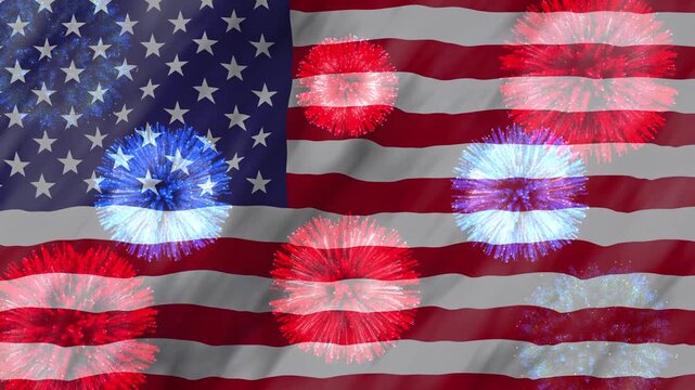 Patriotic American flag composition with colorful fireworks, created for Independence Day celebration, national holiday messaging, and festive media use