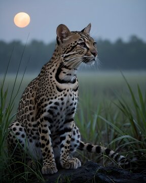 A nocturnal oncilla  , northern tiger cat genetic hybrid experiment fantasy animal, fictional species in a twilight marsh