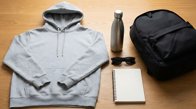 Flat lay of casual outfit with accessories hoodie, backpack, water bottle, sunglasses and notebook