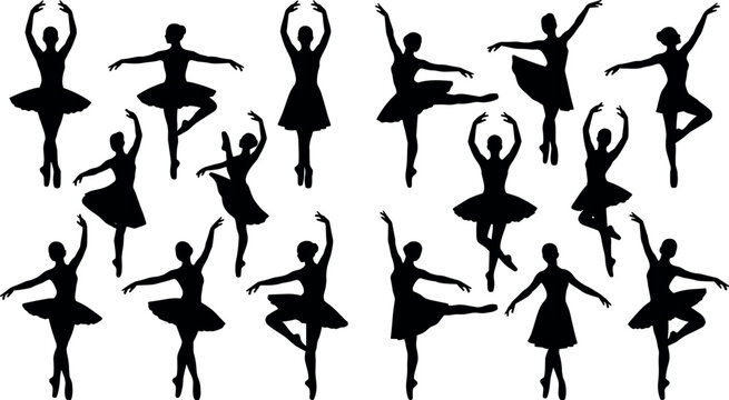 Elegant Ballerina Silhouette Vector Collection Featuring Classical Ballet Dancers in Tutus Performing Professional Stage Poses and Choreography Elements for Art Studio Graphic Designs