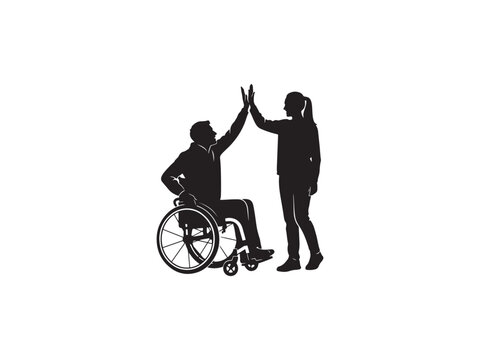 A silhouette illustration of a man in a wheelchair giving a high five on white background