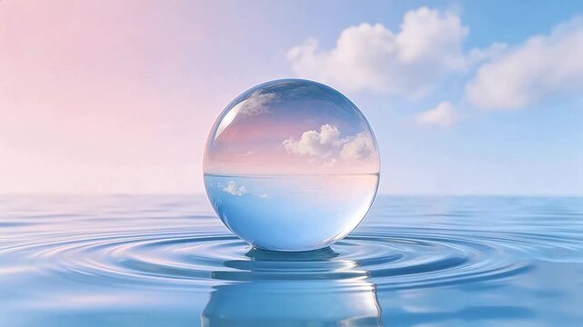 Glass sphere reflecting sky and water