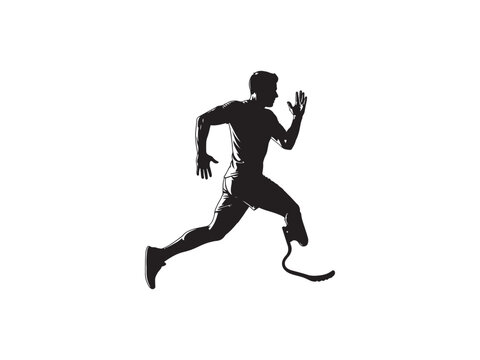Silhouette of a male runner with a prosthetic leg sprinting fast in this artistic photo on white background