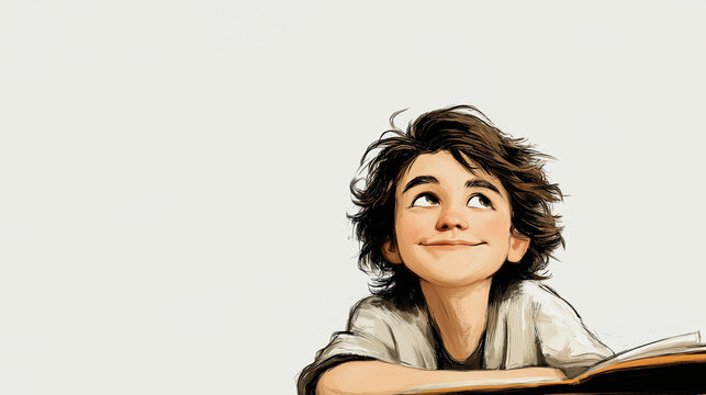Dreamy Daydreamer: A young boy with a mischievous smile gazes upwards, lost in a world of imagination, with an open book before him. His eyes sparkle with wonder and anticipation.