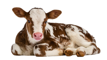 Brown and white spotted calf lying down, isolated on transparent background © Daniel