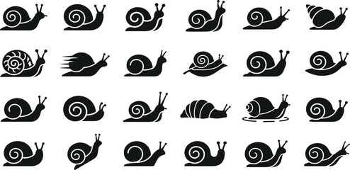 Black Snail Silhouette Icons Set, Cute Cartoon Mollusk Vector Collection, Slow Garden Animal Symbols, Spiral Shell Design Elements © RABBI