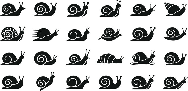Black Snail Silhouette Icons Set, Cute Cartoon Mollusk Vector Collection, Slow Garden Animal Symbols, Spiral Shell Design Elements