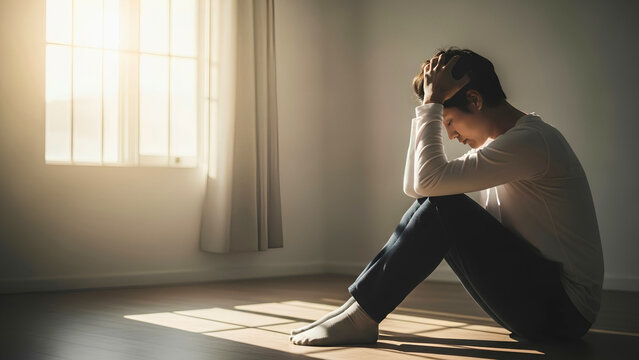 A young person sits alone in a sunlit room, head in hands, overcome by feelings of despair, loneliness, and deep sadness, reflecting on mental health struggles