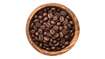 Fototapeta premium Roasted coffee beans filling a rustic wooden bowl, isolated on transparent background