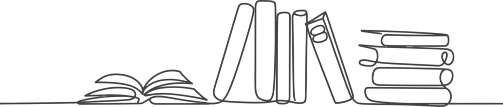 Continuous line art drawing of books on a shelf with an open book education knowledge learning literature minimalist