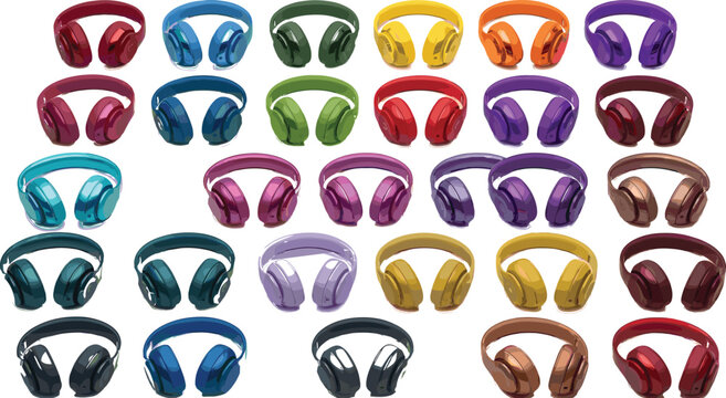 Comprehensive product catalog set featuring colorful shiny electronic bluetooth gaming headsets and music earphones presented in rows isolated on white background