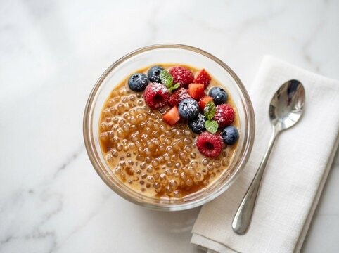 Homemade Sago Dessert Bowl with Mixed Berries on Marble Background
