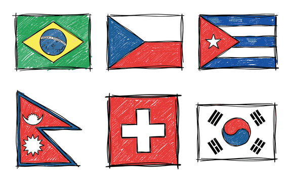 Hand drawing flags representing different countries and nationalism