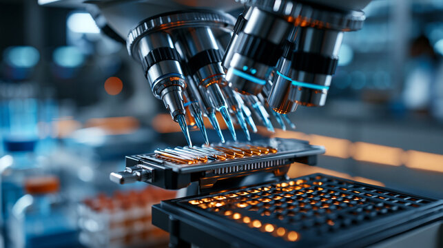 Close-up view of a PCR testing procedure in a research laboratory cleanroom environment, the precision equipment and sterile surroundings representing advanced molecular diagnostic