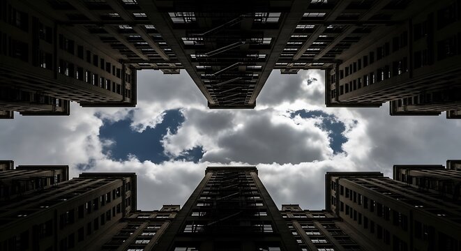 Low angle view of tall apartment buildings with fire escapes against cloudy sky