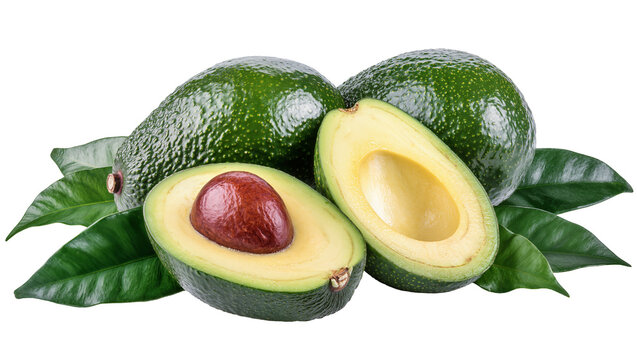 Whole and halved Hass avocados with green leaves, isolated on transparent background