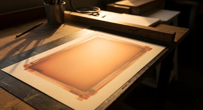 Artistic photograph of a large format photographic print being developed in a darkroom with warm lighting and various printing tools nearby