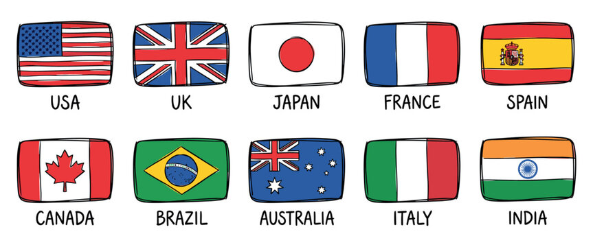 World flags collection with hand-drawn country names