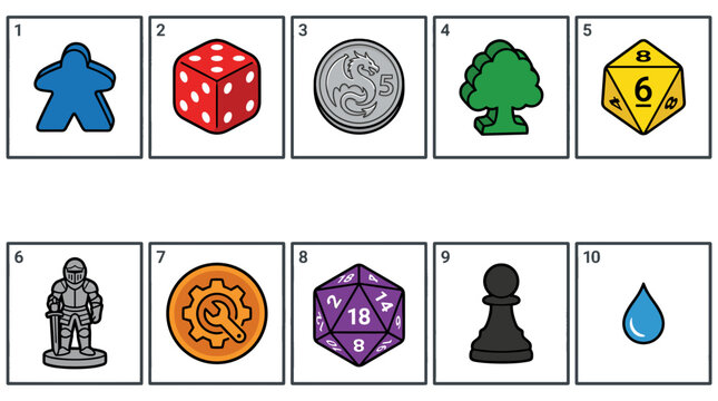 Collection of gaming and tabletop roleplaying game dice and tokens