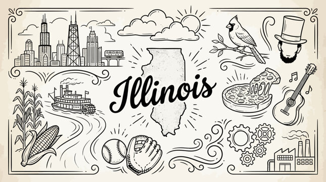 Illinois state landmarks and symbols vector illustration featuring Chicago skyline, cardinal bird, cornfields, riverboat, pizza slice, baseball, guitar, and Abraham Lincoln top hat art