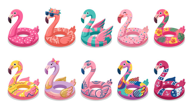Colorful inflatable pool floaties in the shape of swans and animals