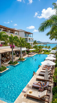 Piscina de lujo en un resort tropical con tumbonas bajo un toldo moderno y palmeras en un d&iacute;a soleado.
