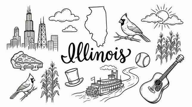 Illinois state landmarks and symbols vector illustration featuring Chicago skyline, cardinal bird, cornfields, riverboat, pizza slice, baseball, guitar, and Abraham Lincoln top hat art