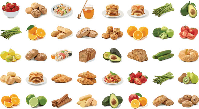 Delicious Breakfast Food and Fresh Bakery Ingredients Collection Vector Illustration Set Featuring Bread, Fruits, Honey, and Pastries for Cafe Menus
