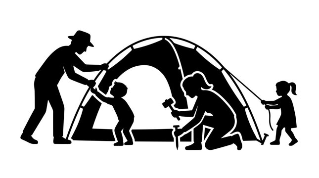 Family of four assembling a tent outdoors during daytime