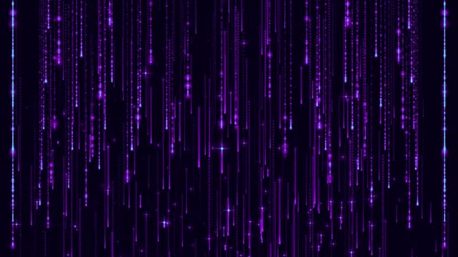 Mystical purple digital rain background with falling matrix style code lines, glowing particles and streaming light columns on dark night sky, cyber technology backdrop for music, gaming and sci fi vs