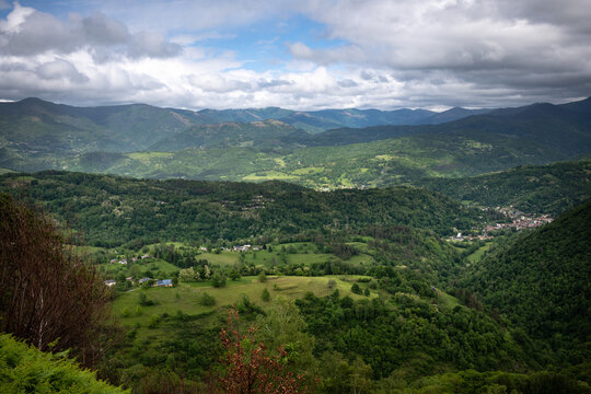 View from the top of the mountain to the valley and the village. Ariege Pyrenees France