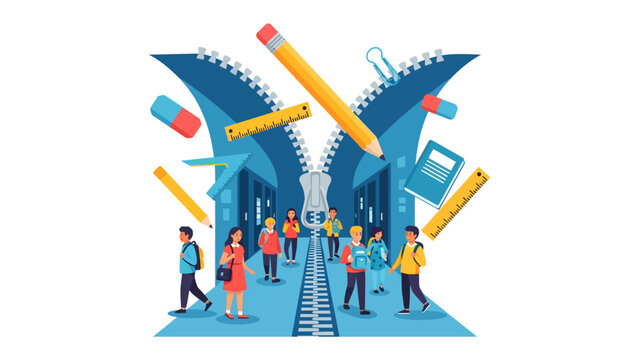 Back to School Surrealism: Students with backpacks walk through a surreal landscape resembling a train station, with giant school supplies like pencils and rulers floating around.