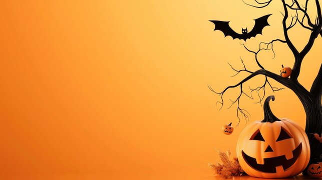 Halloween pumpkin and spooky tree with bat on orange background.