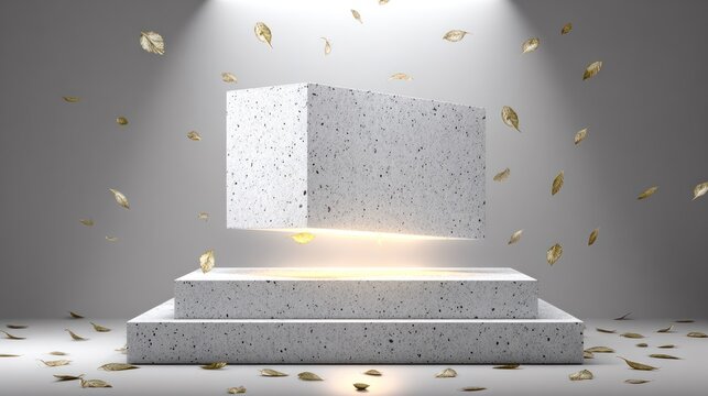 Stage display features textured rectangular blocks illuminated by overhead spotlights with golden leaves scattered around