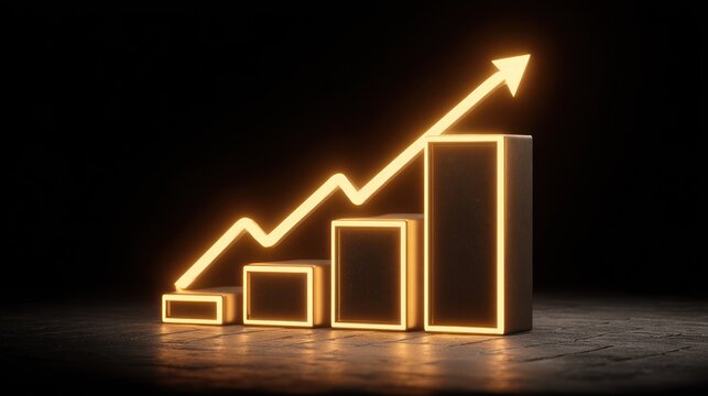 Glowing three dimensional bar chart demonstrates positive progression with an upward trending line graph