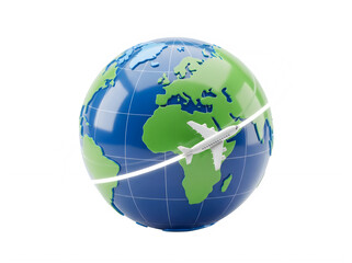 Fototapeta premium 3D illustration of a globe earth with an airplane flying around it, concept of global travel, international tourism, or world flight route.