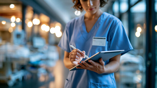 Nurse in medical scrubs using a digital tablet with a stylus in a modern healthcare environment, managing patient documentation and care coordination through an advanced clinical digital