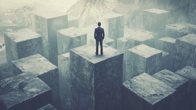 Man standing on cube overlooking abstract cityscape.