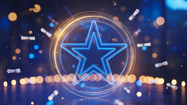 Glowing star symbol with blue neon lights and abstract festive background 